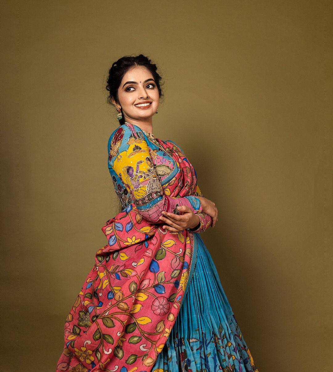 Azure Blue & Rose Pink Kalamkari Festive Lehenga Choli Set