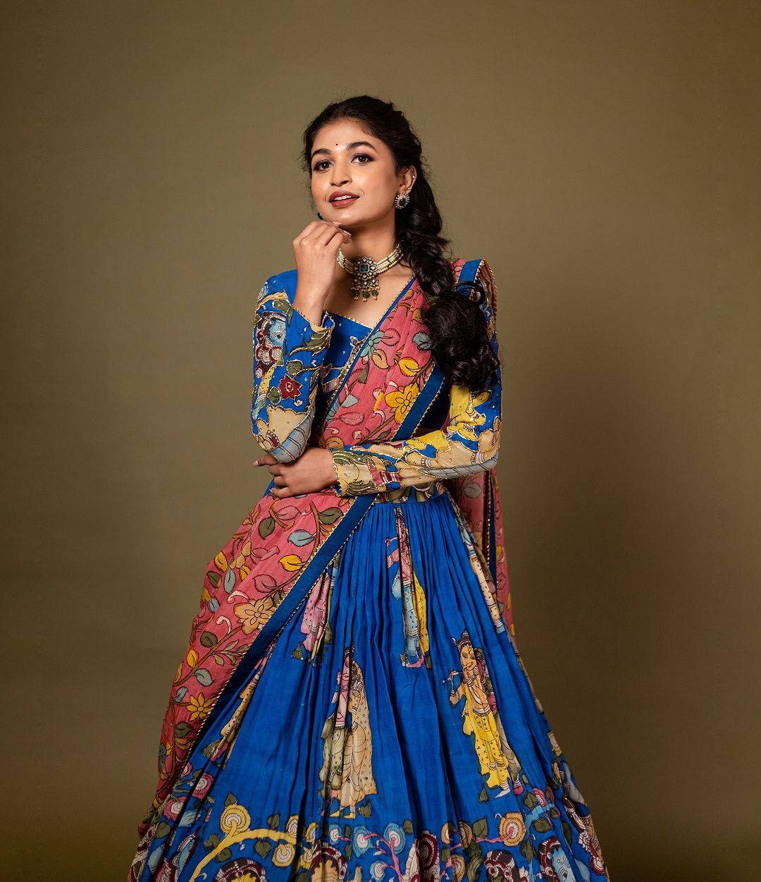 Kalamkari Print With Handwork Bloom Fully Stitched Printed Lehenga Choli.
