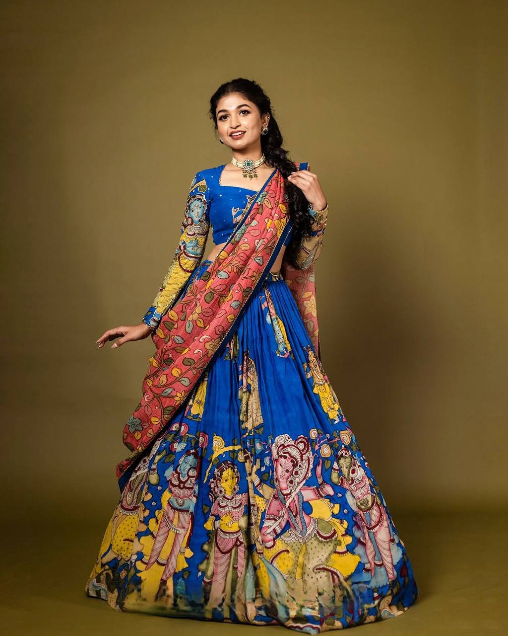 Kalamkari Print With Handwork Bloom Fully Stitched Printed Lehenga Choli.