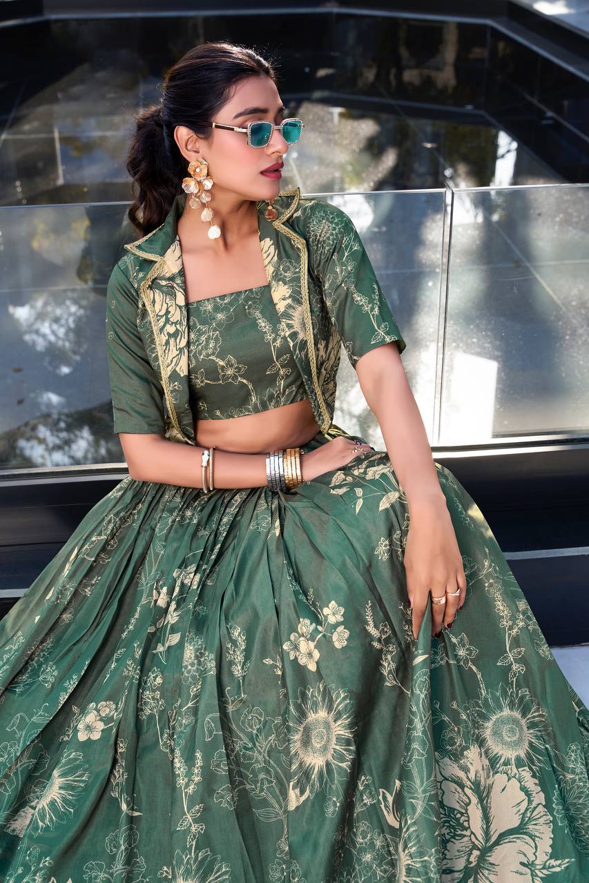 Emerald Green Bloom Contemporary Tussar Silk Lehenga Choli Set