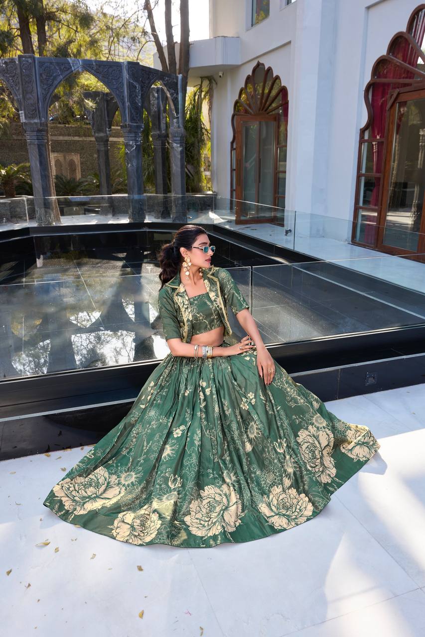 Emerald Green Bloom Contemporary Tussar Silk Lehenga Choli Set