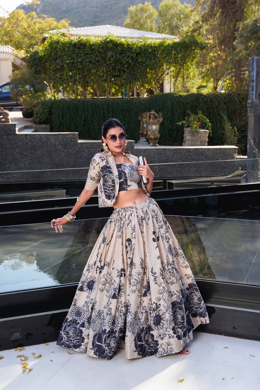 Ivory Beige Botanical Tussar Silk Lehenga Set