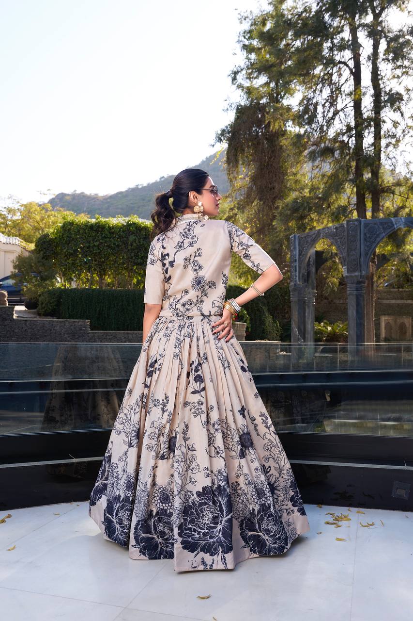Ivory Beige Botanical Tussar Silk Lehenga Set