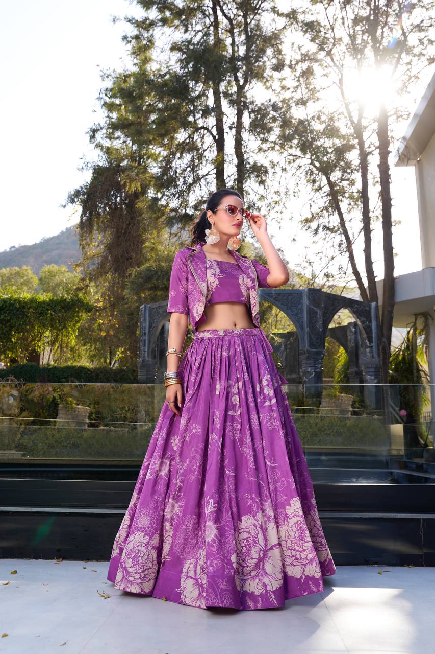 Royal Lilac Bloom Botanical Tussar Silk Lehenga Set