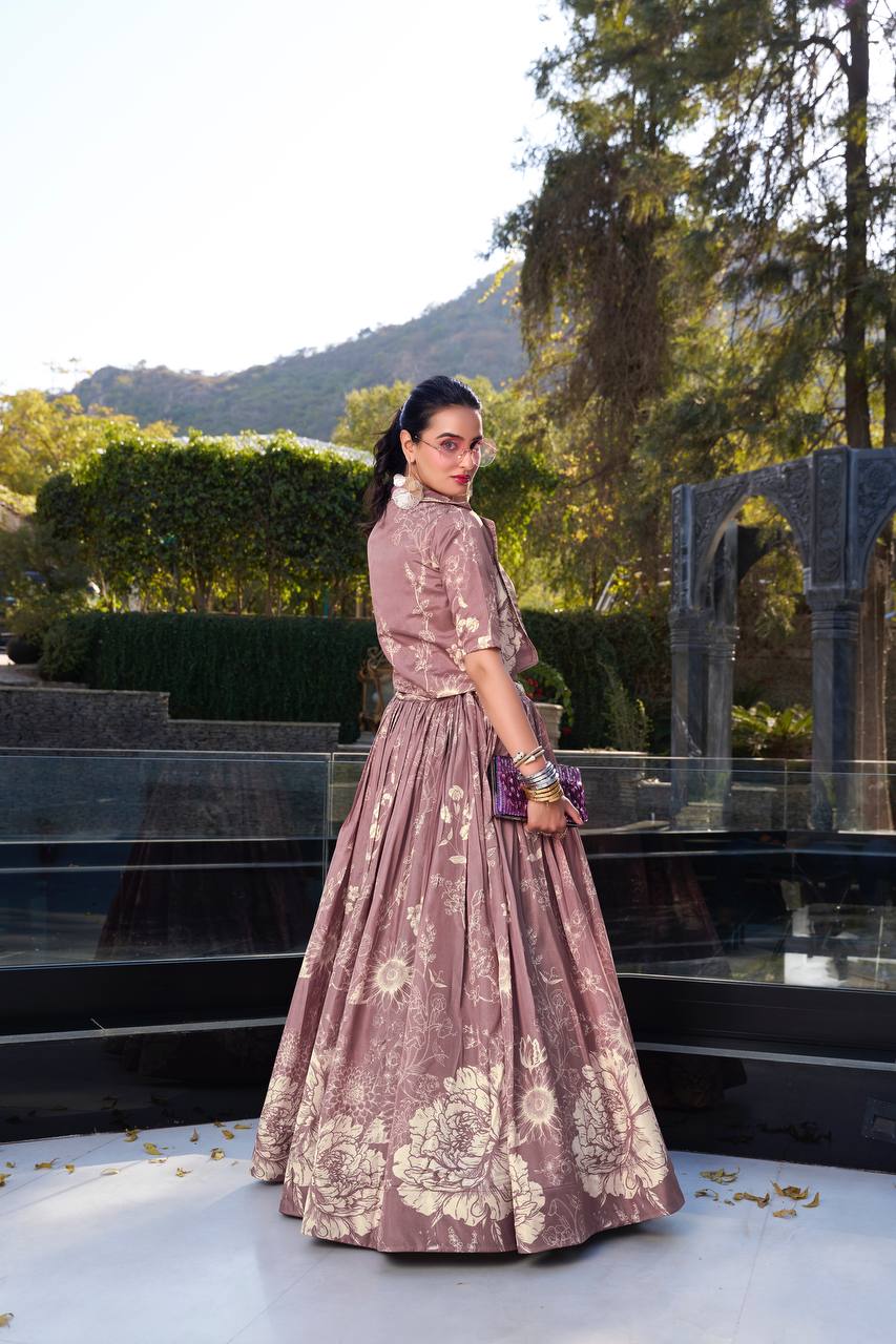 Dusty Rose Mauve Garden Tussar Silk Lehenga Set