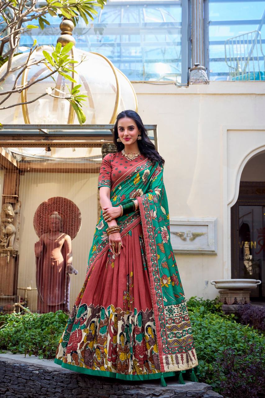 Terracotta Green Madhubani Tussar Silk Lehenga Choli Set