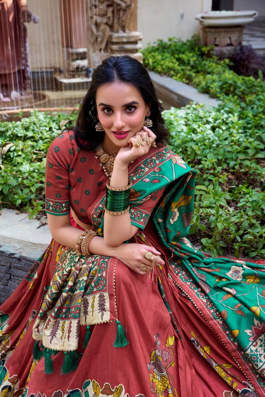 Terracotta Green Madhubani Tussar Silk Lehenga Choli Set