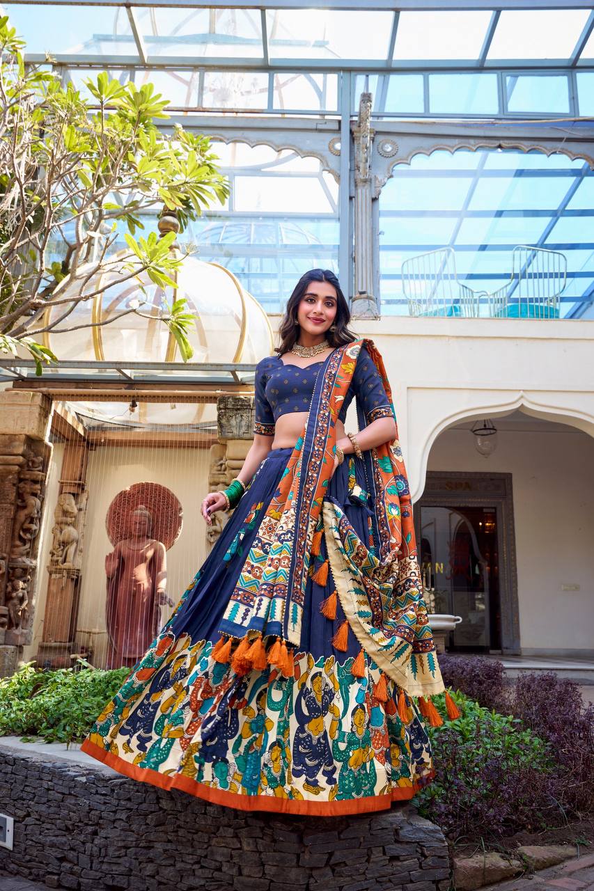 Navy Blue & Rust Orange Madhubani Tussar Silk Lehenga Choli Set