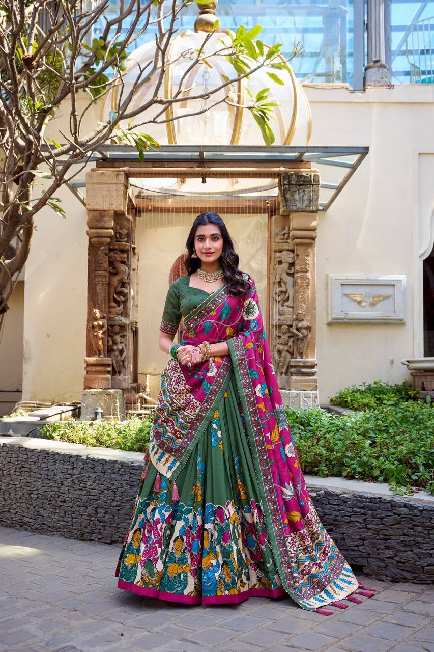 Bottle Green & Magenta Madhubani Tussar Silk Lehenga Choli Set