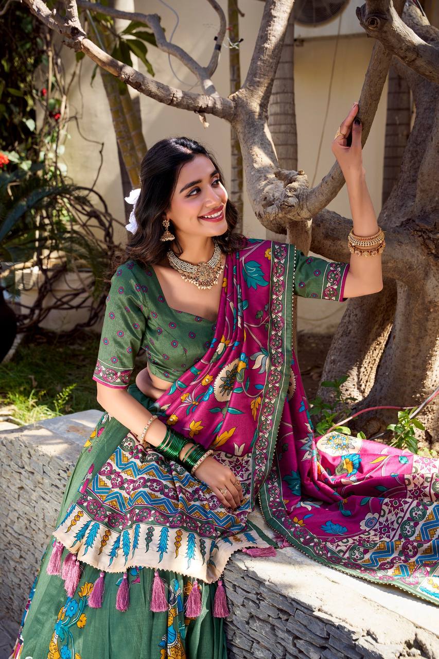 Bottle Green & Magenta Madhubani Tussar Silk Lehenga Choli Set