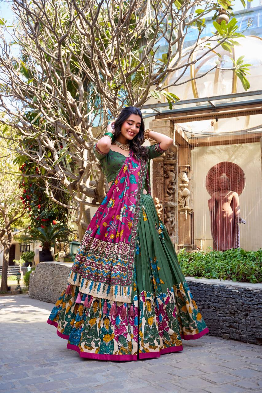 Bottle Green & Magenta Madhubani Tussar Silk Lehenga Choli Set