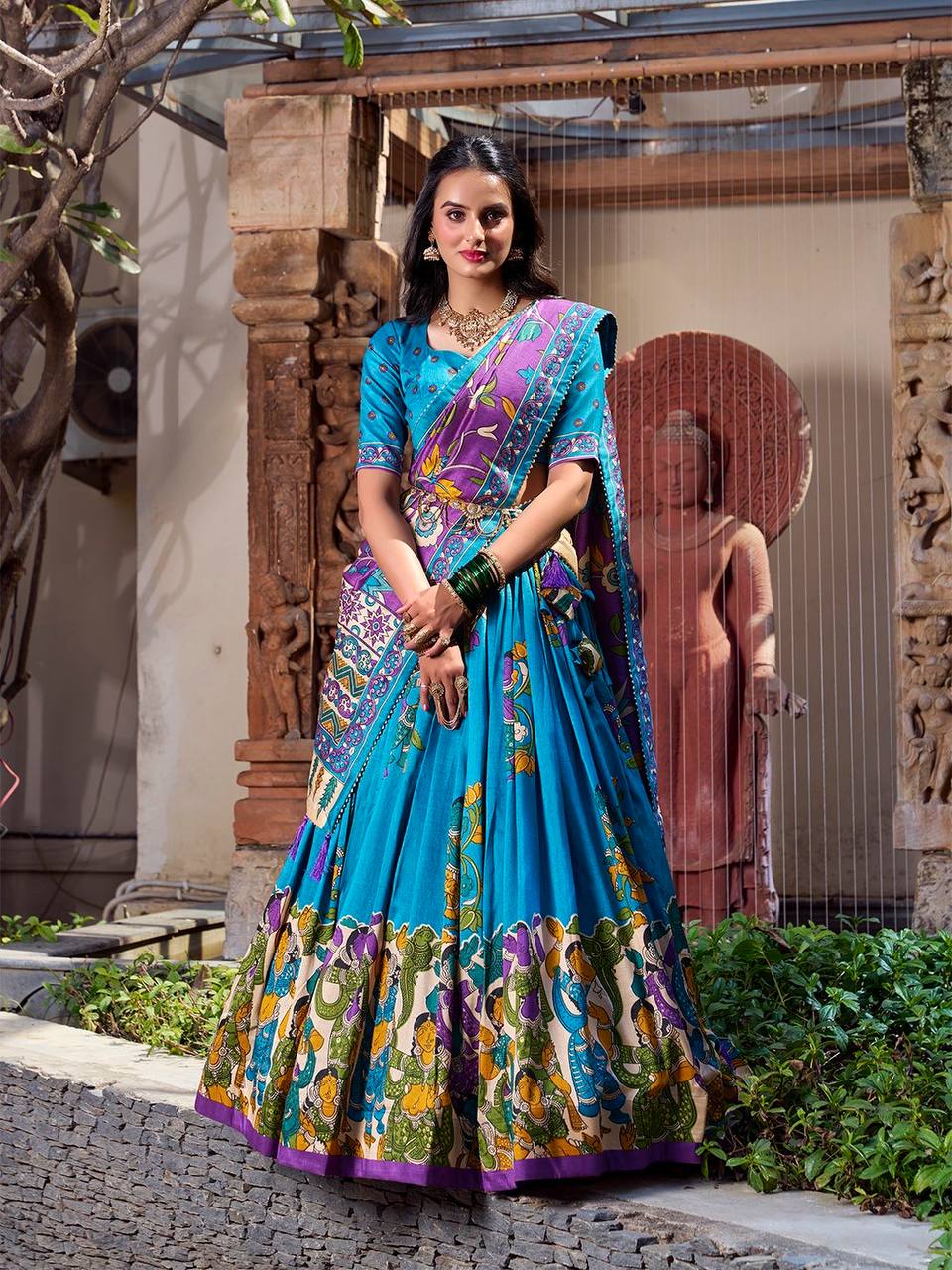 Turquoise Blue & Purple Madhubani Tussar Silk Lehenga Choli Set