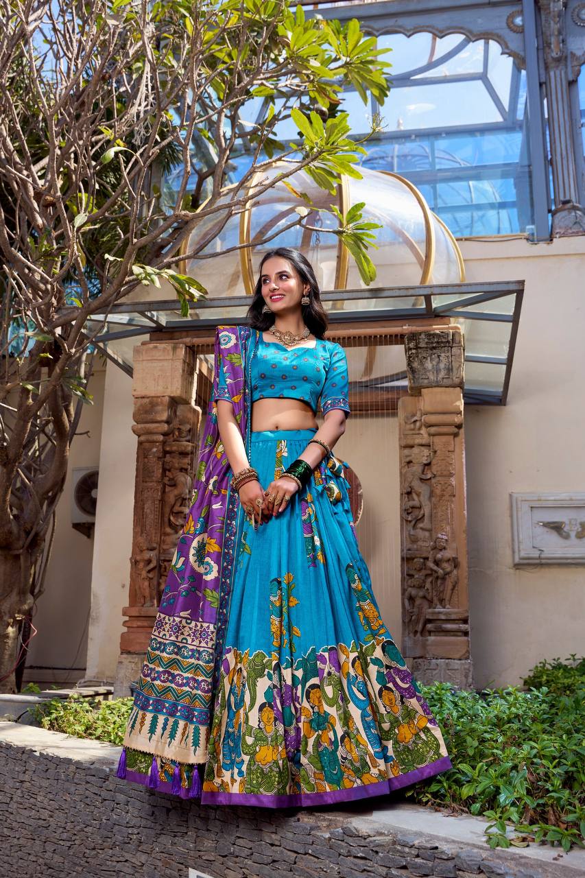 Turquoise Blue & Purple Madhubani Tussar Silk Lehenga Choli Set