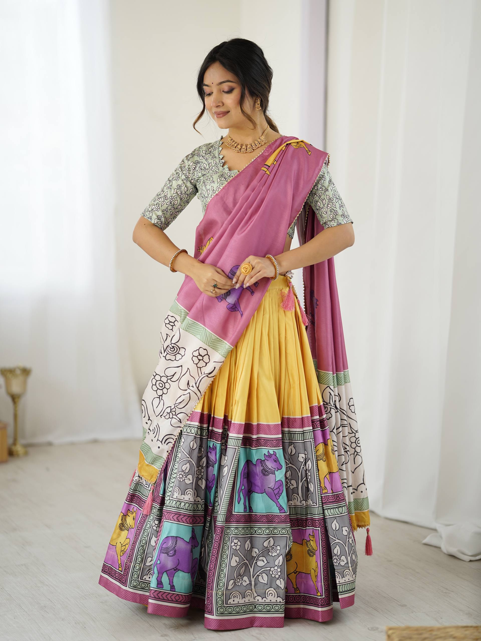 Rose Mauve & Sunshine Yellow Handcrafted Folk Art Tussar Silk Lehenga Choli Set