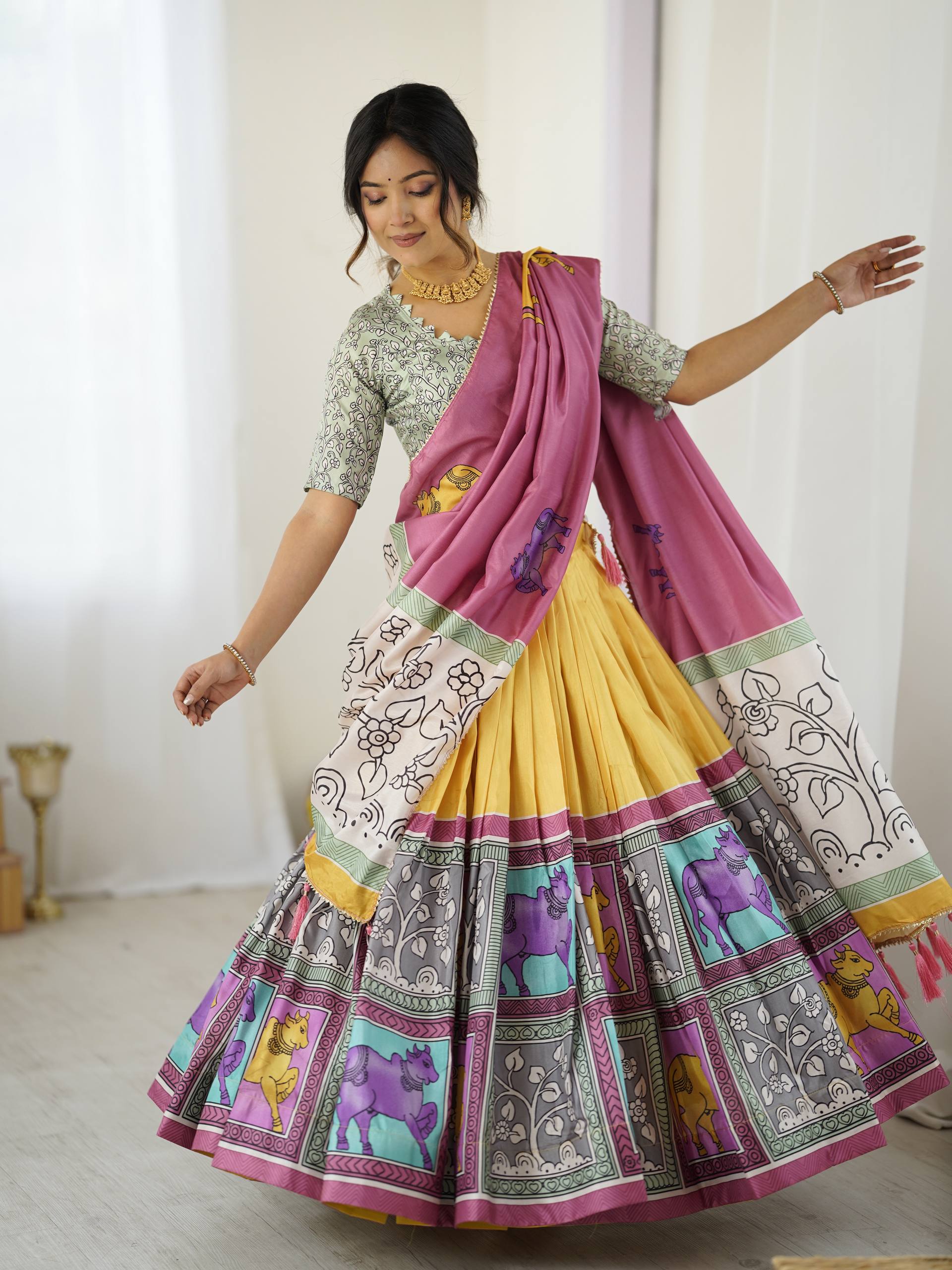 Rose Mauve & Sunshine Yellow Handcrafted Folk Art Tussar Silk Lehenga Choli Set