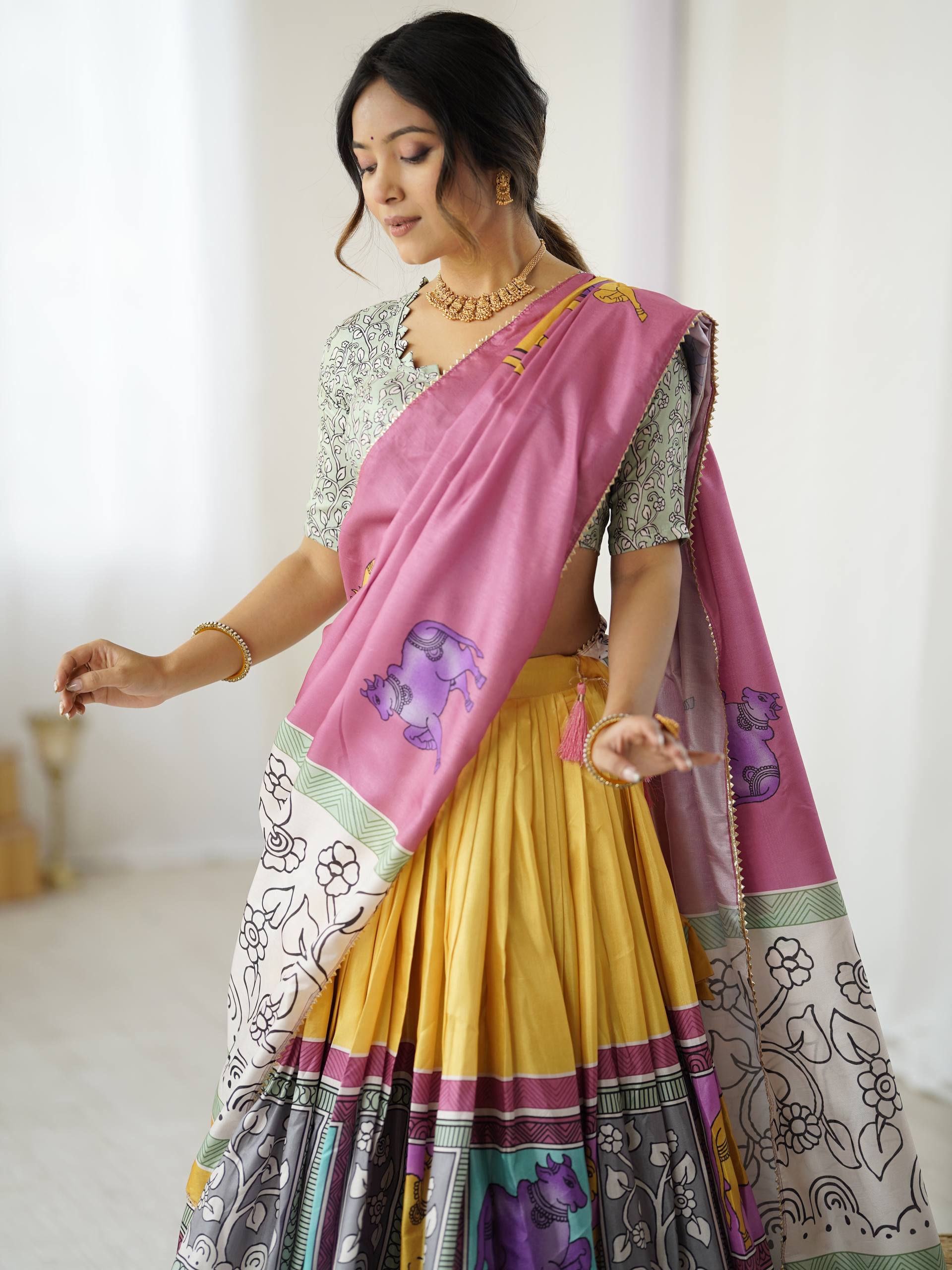 Rose Mauve & Sunshine Yellow Handcrafted Folk Art Tussar Silk Lehenga Choli Set