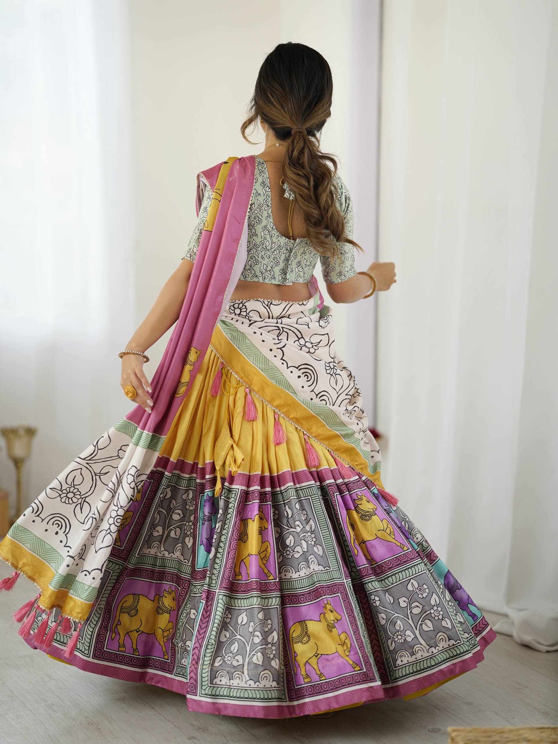 Rose Mauve & Sunshine Yellow Handcrafted Folk Art Tussar Silk Lehenga Choli Set