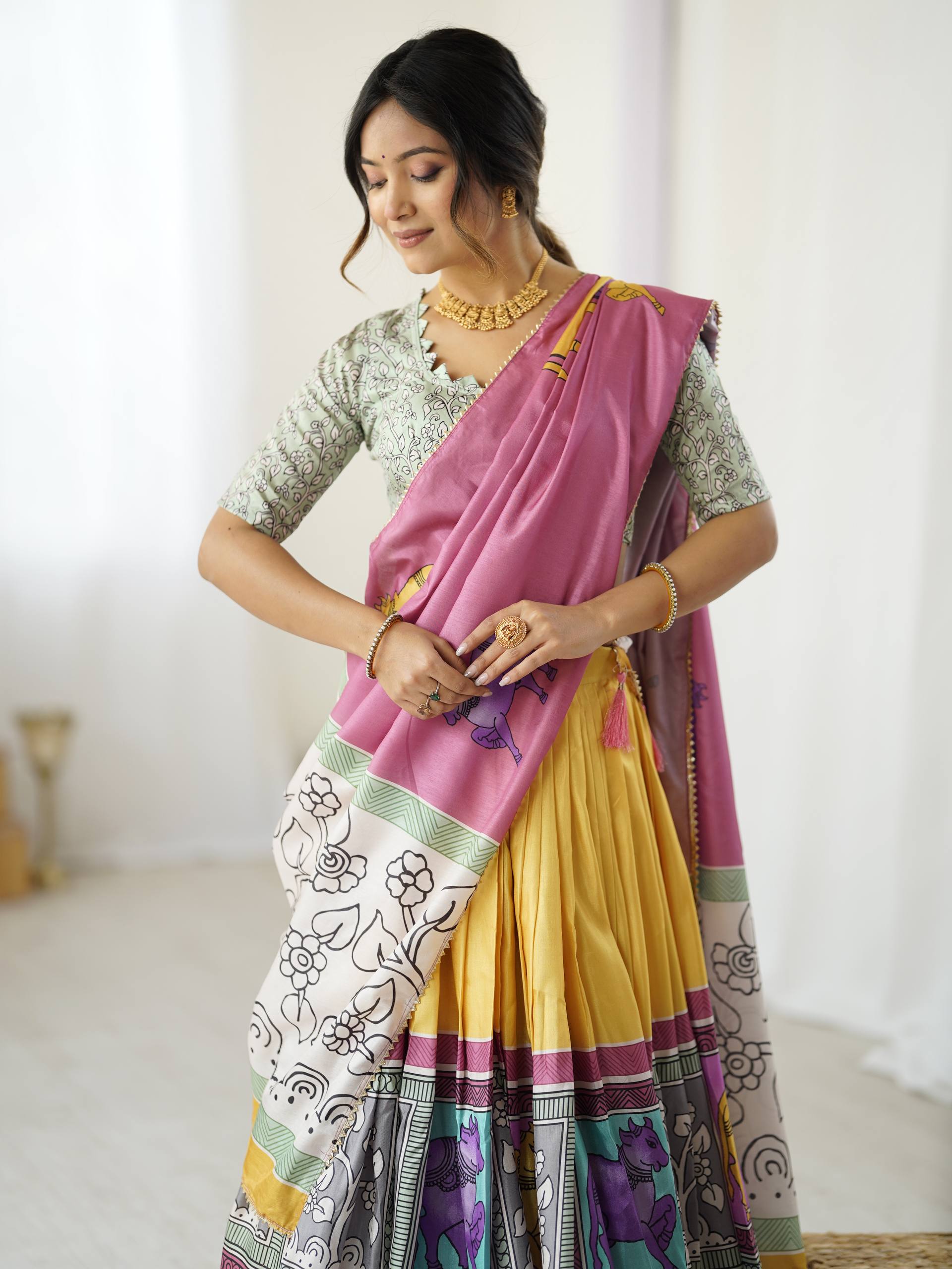 Rose Mauve & Sunshine Yellow Handcrafted Folk Art Tussar Silk Lehenga Choli Set