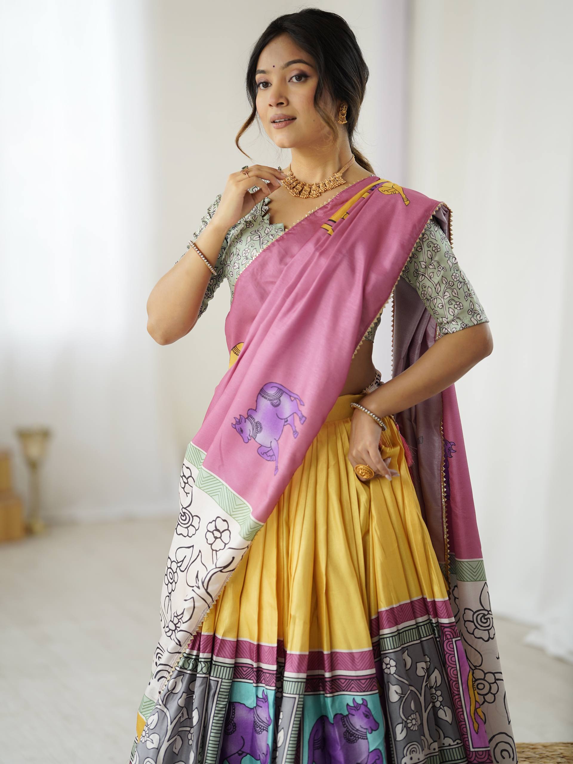 Rose Mauve & Sunshine Yellow Handcrafted Folk Art Tussar Silk Lehenga Choli Set