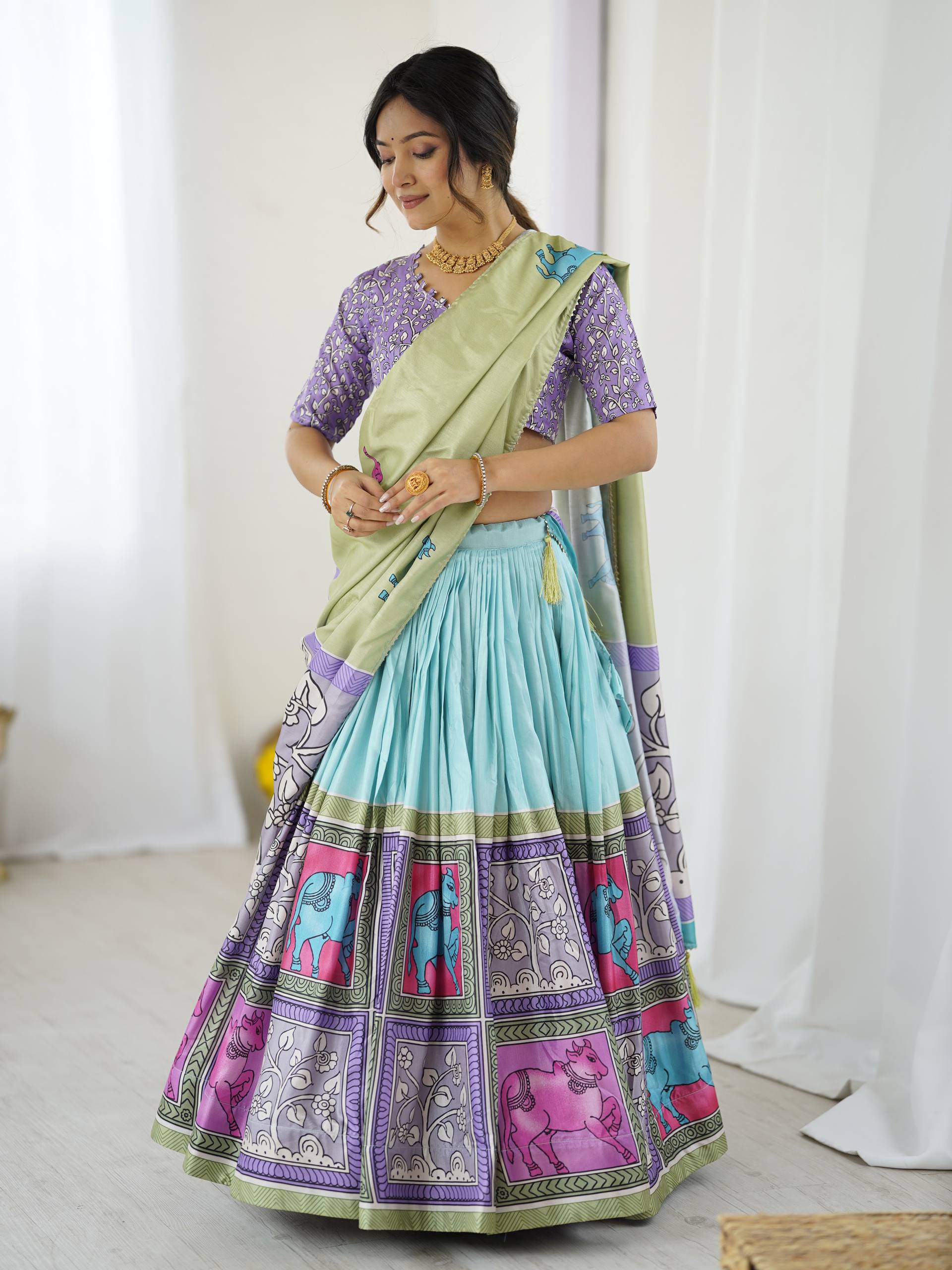 Mint Meadow & Lavender Dream Handcrafted Folk Art Tussar Silk Lehenga Choli Set