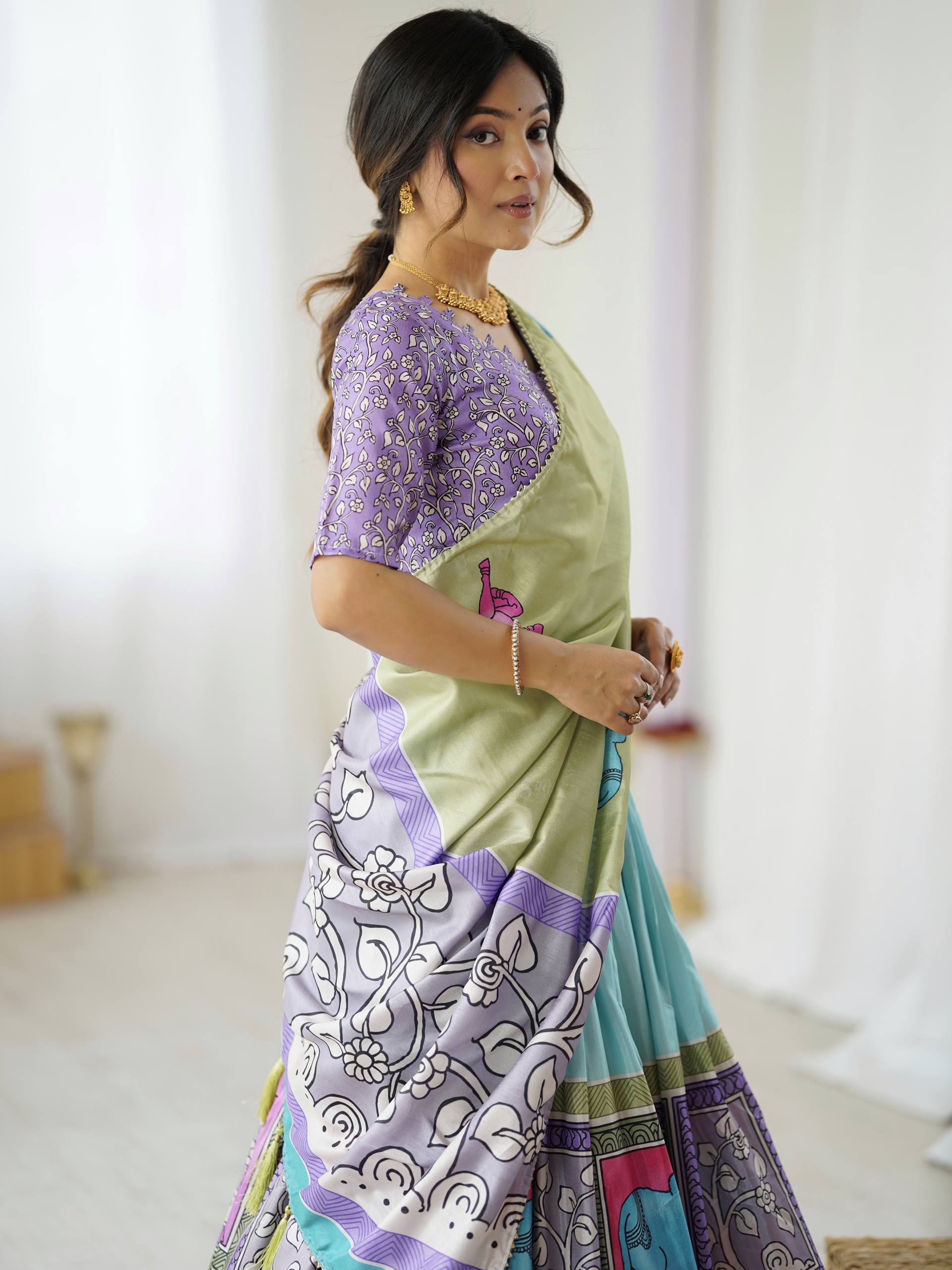 Mint Meadow & Lavender Dream Handcrafted Folk Art Tussar Silk Lehenga Choli Set