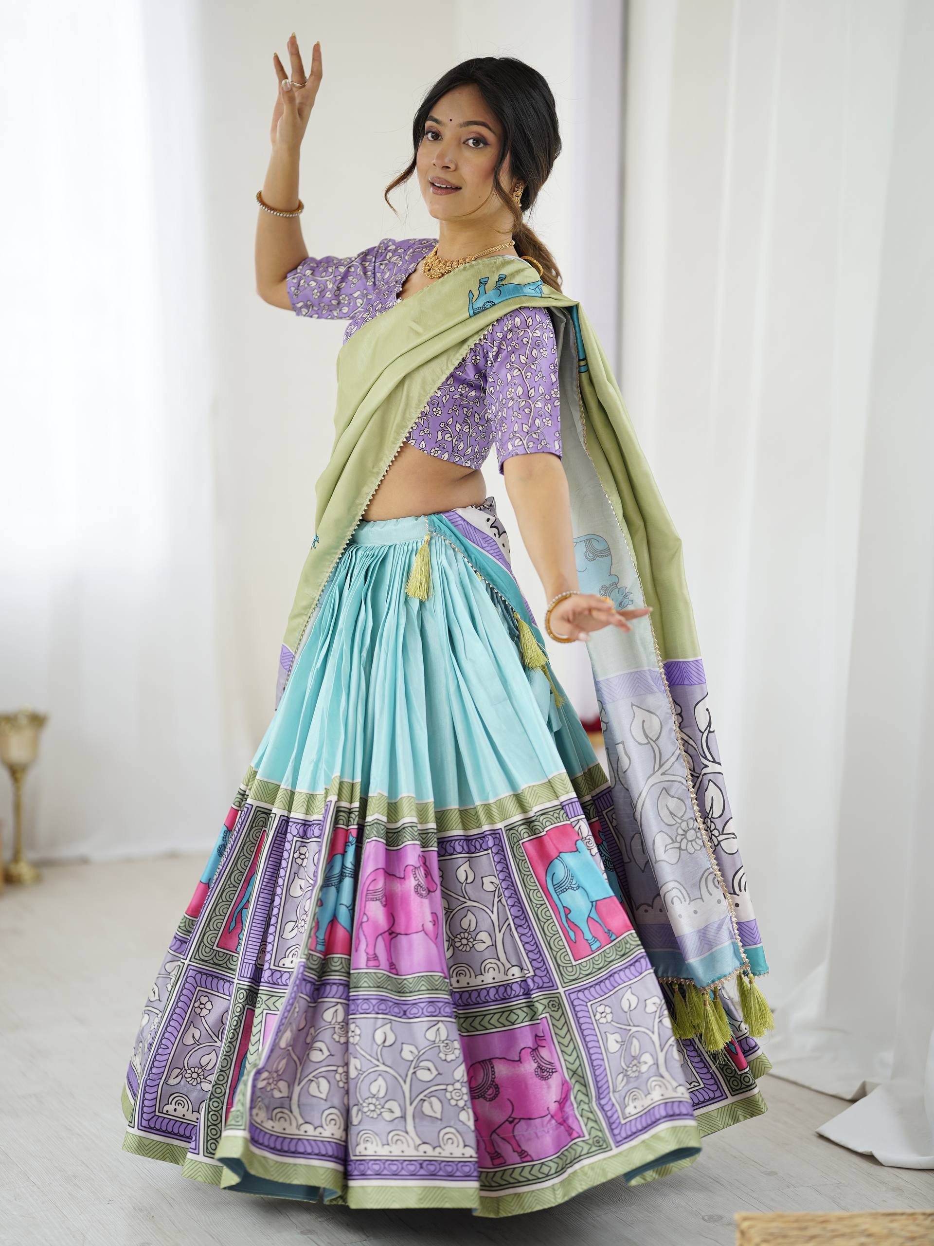 Mint Meadow & Lavender Dream Handcrafted Folk Art Tussar Silk Lehenga Choli Set