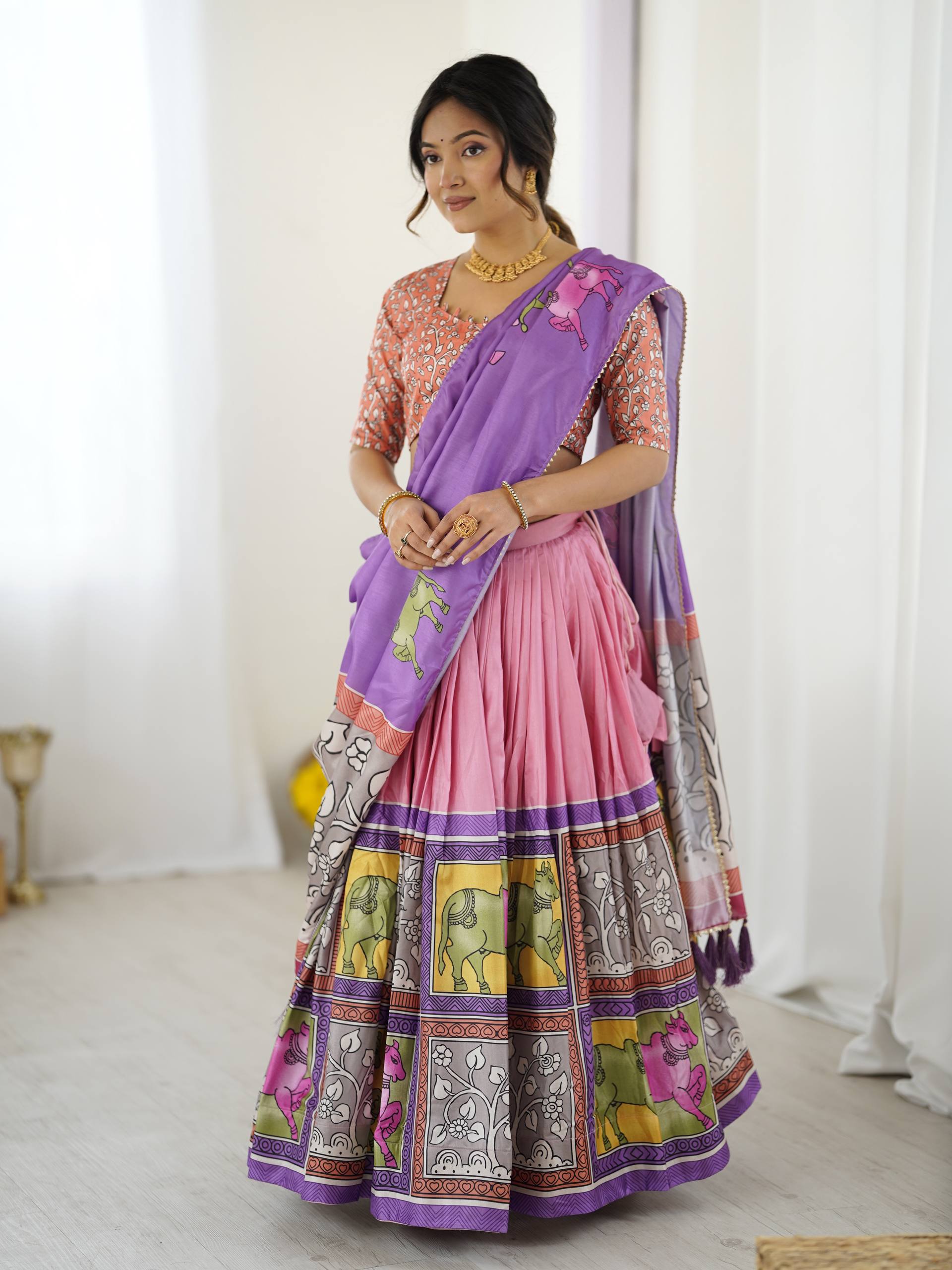 Blush Rose & Lilac Charm Handcrafted Folk Art Tussar Silk Lehenga Choli Set