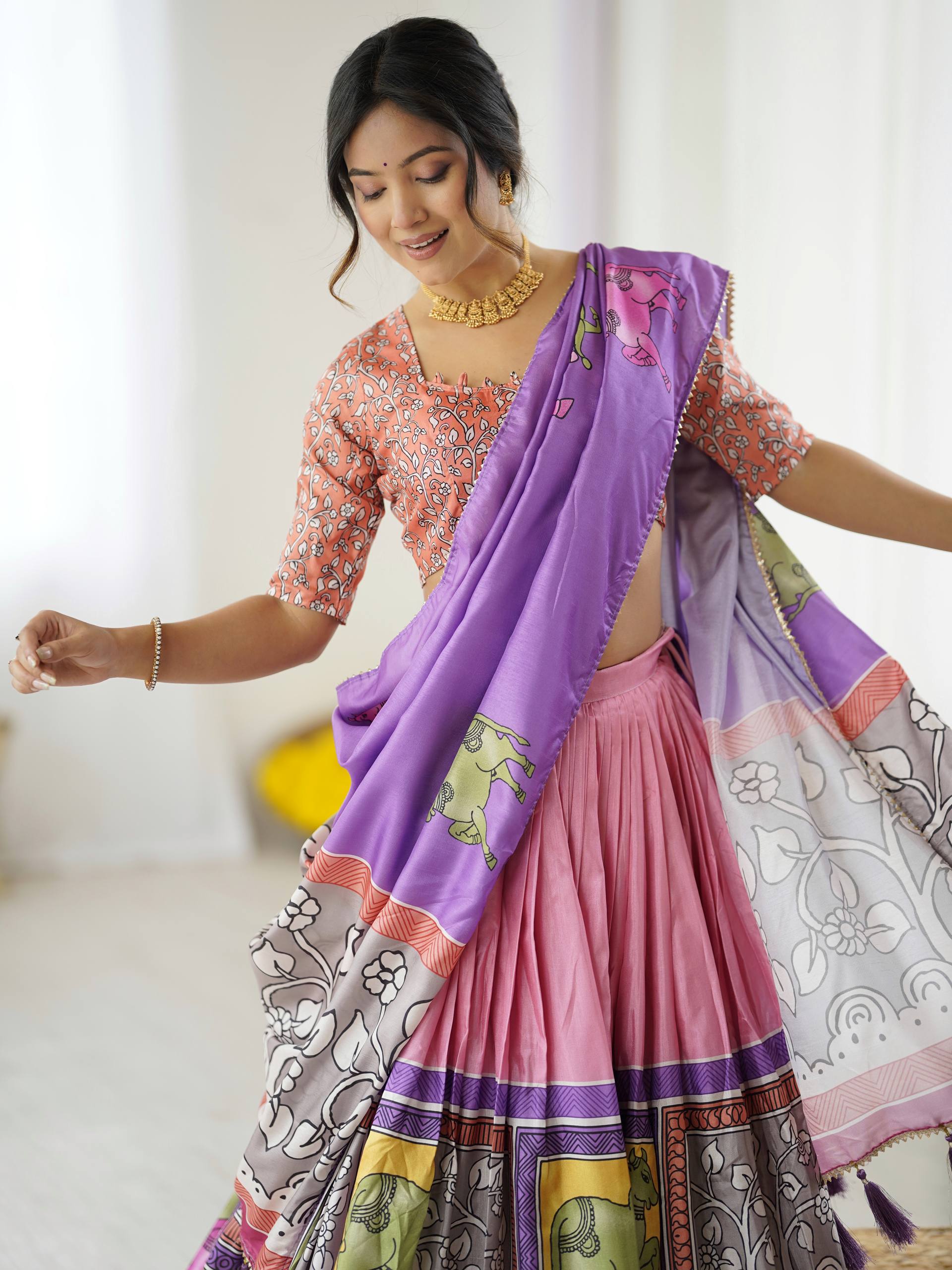 Blush Rose & Lilac Charm Handcrafted Folk Art Tussar Silk Lehenga Choli Set