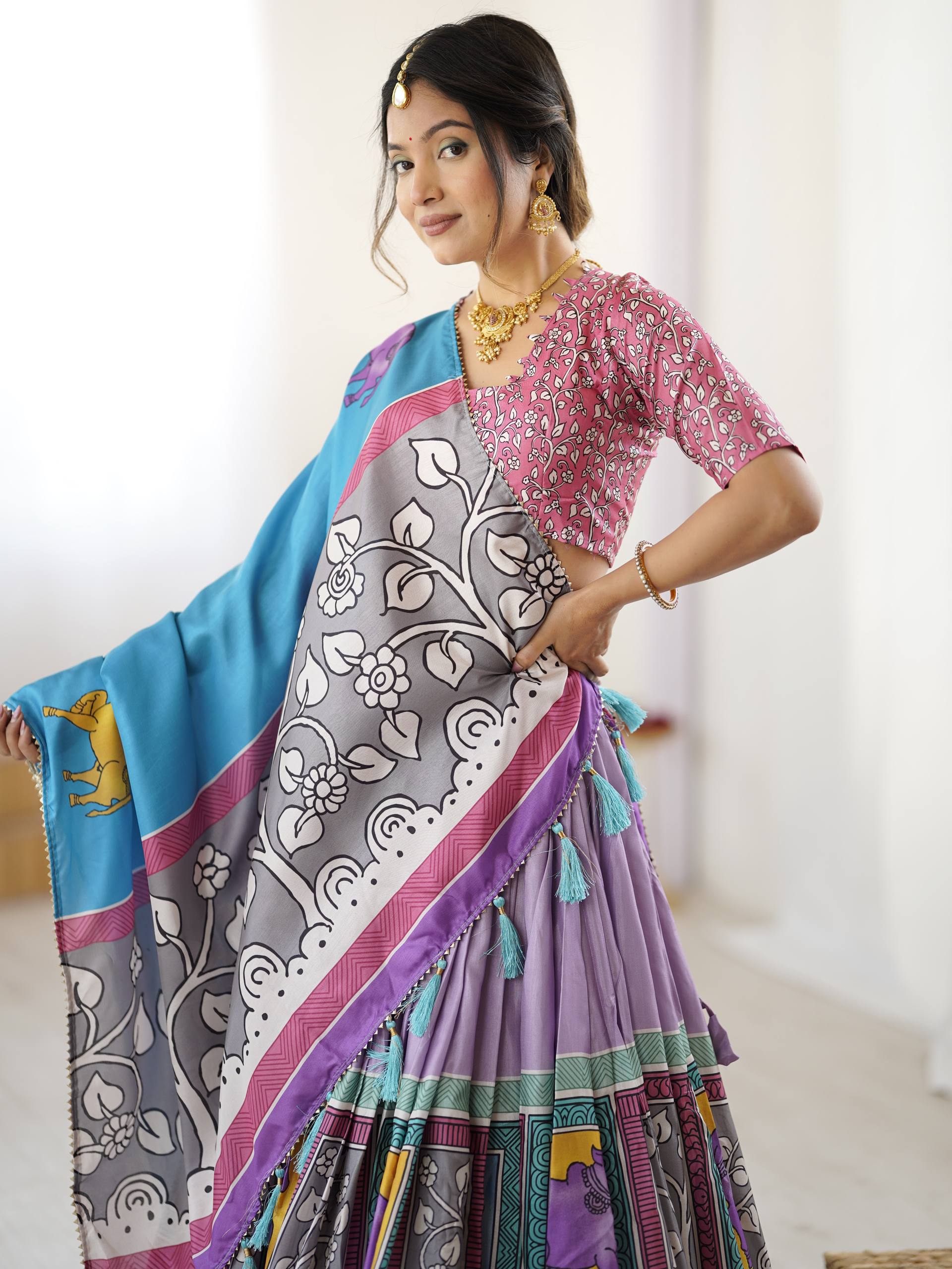 Regal Mauve & Sky Blue Heritage Print Tussar Silk Lehenga Choli Set