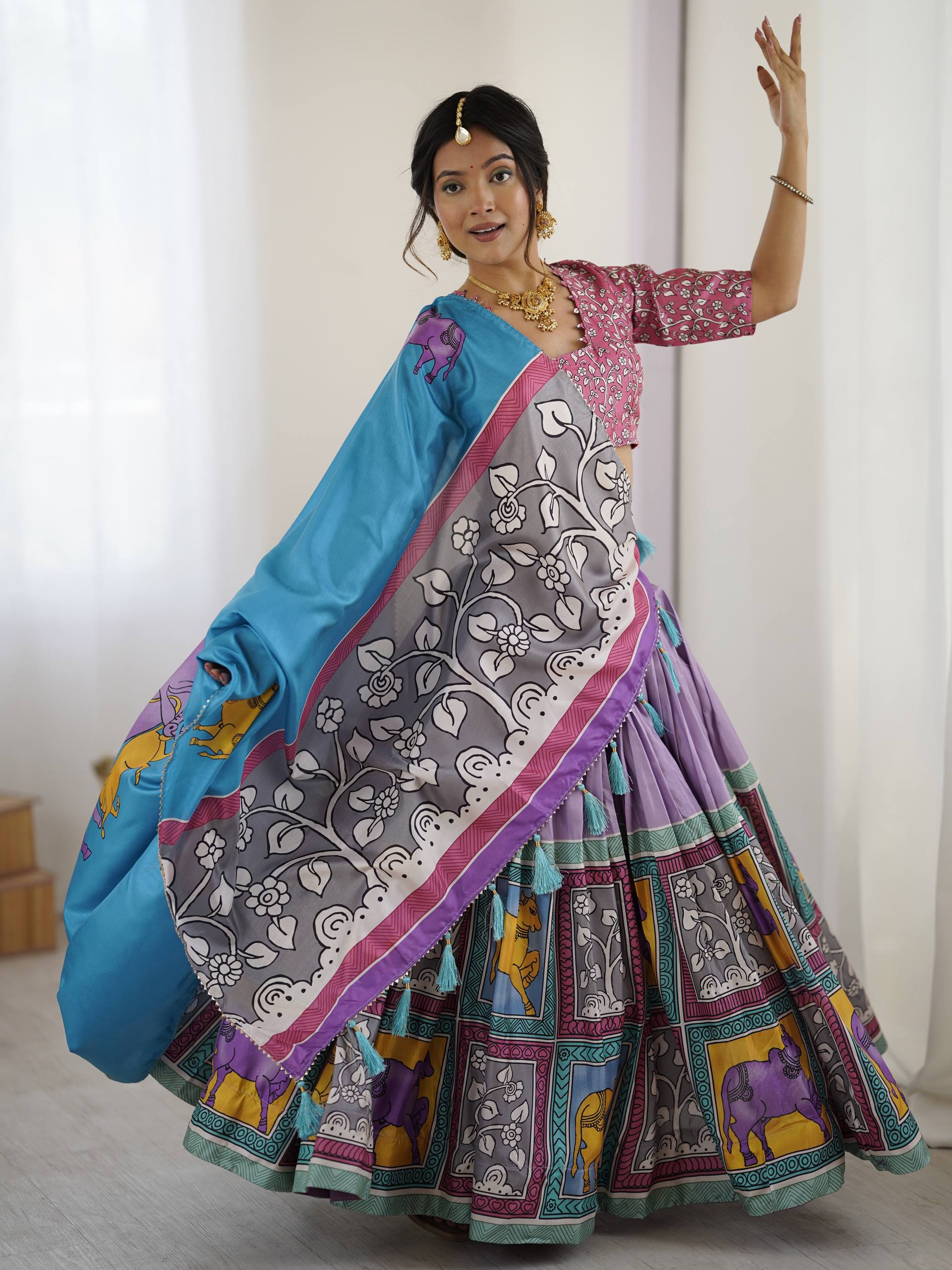 Regal Mauve & Sky Blue Heritage Print Tussar Silk Lehenga Choli Set
