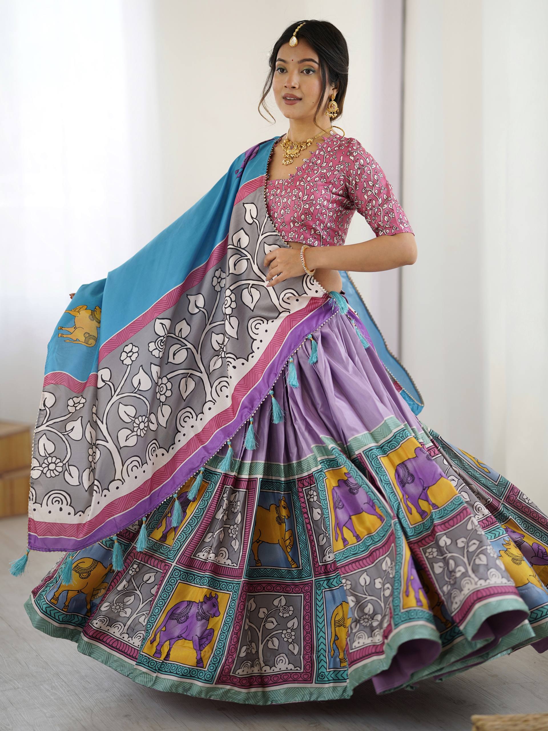 Regal Mauve & Sky Blue Heritage Print Tussar Silk Lehenga Choli Set