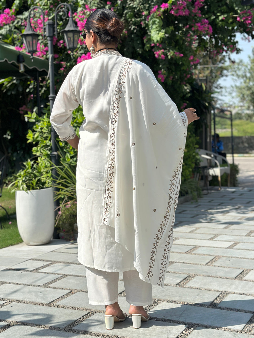 White Floral Embroidered Kurta with Trousers & Dupatta