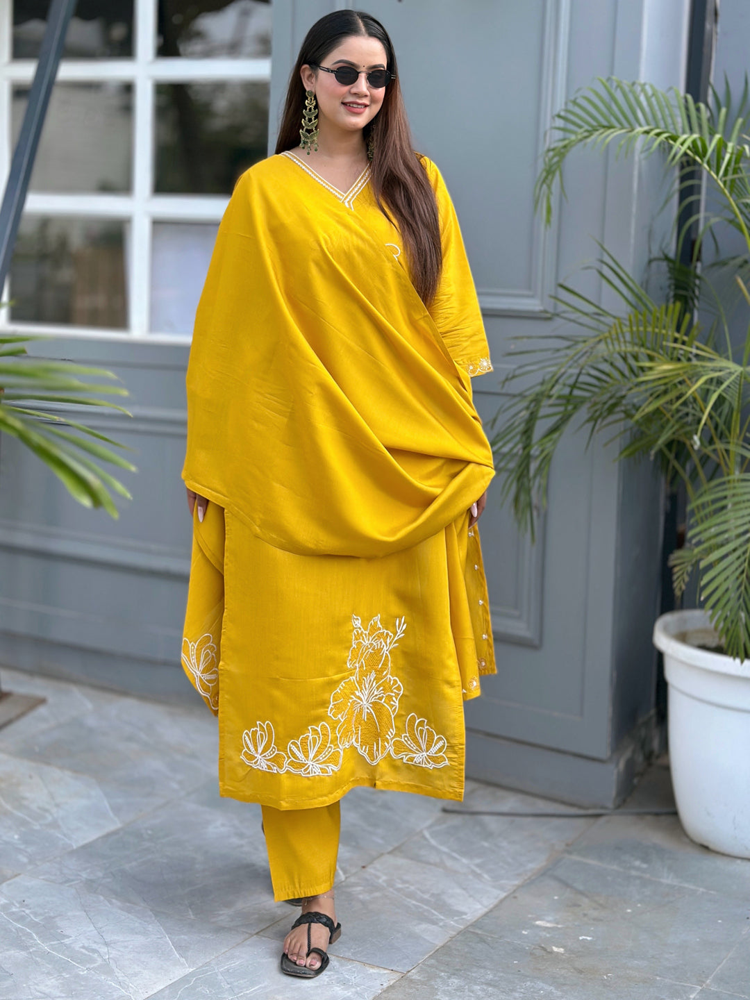 Yellow Floral Embroidered Silk Blend Fabrics Kurta with Trousers & Dupatta