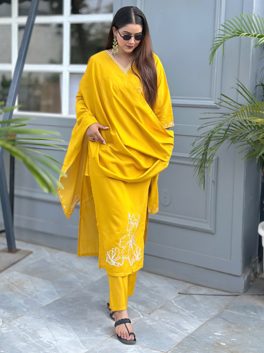 Yellow Floral Embroidered Silk Blend Fabrics Kurta with Trousers & Dupatta