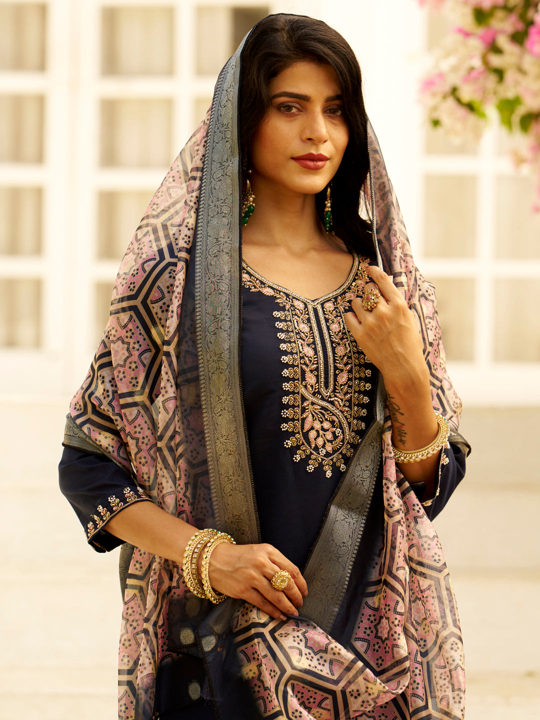 Embroidered Silk Blend Women Kurta Sets With Dupatta Straight Suits