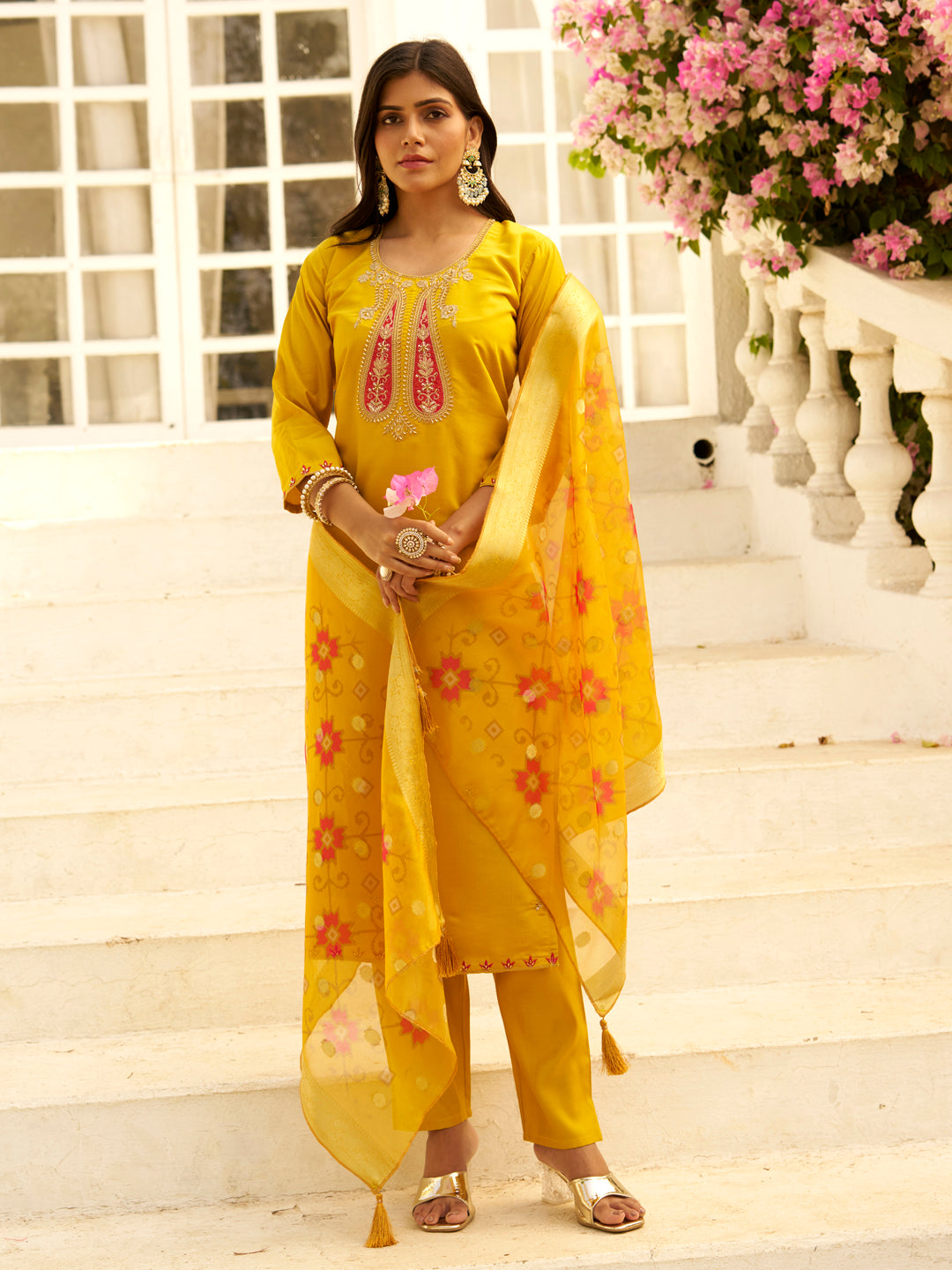 Embroidered Yellow Women Kurta Sets With Dupatta Straight Suits