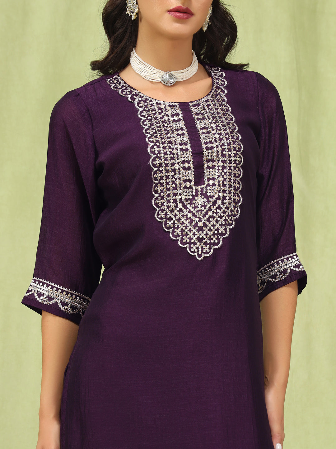 Embroidered Silk Straight Kurta With Trousers & Dupatta