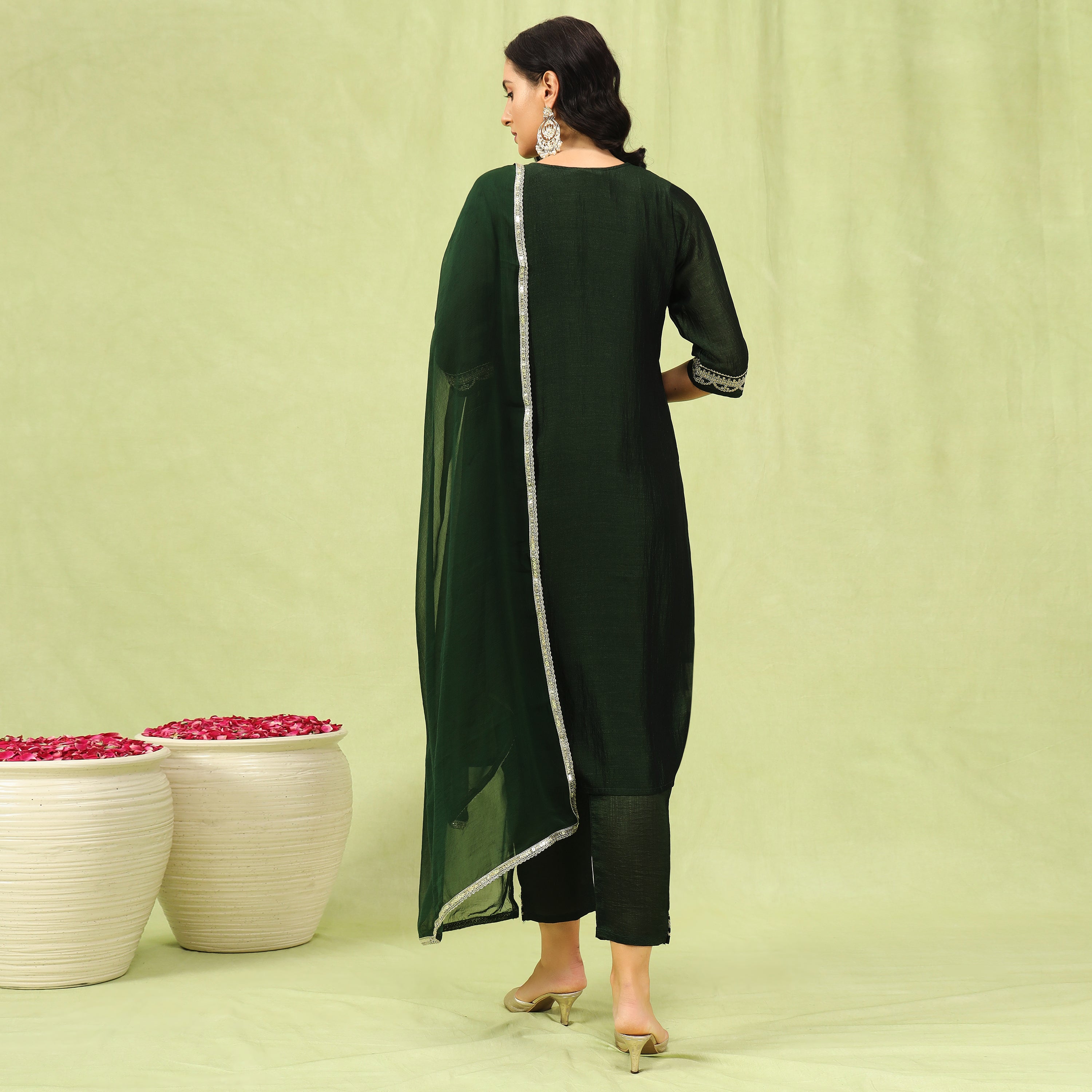 Embroidered Silk Straight Kurta With Trousers & Dupatta
