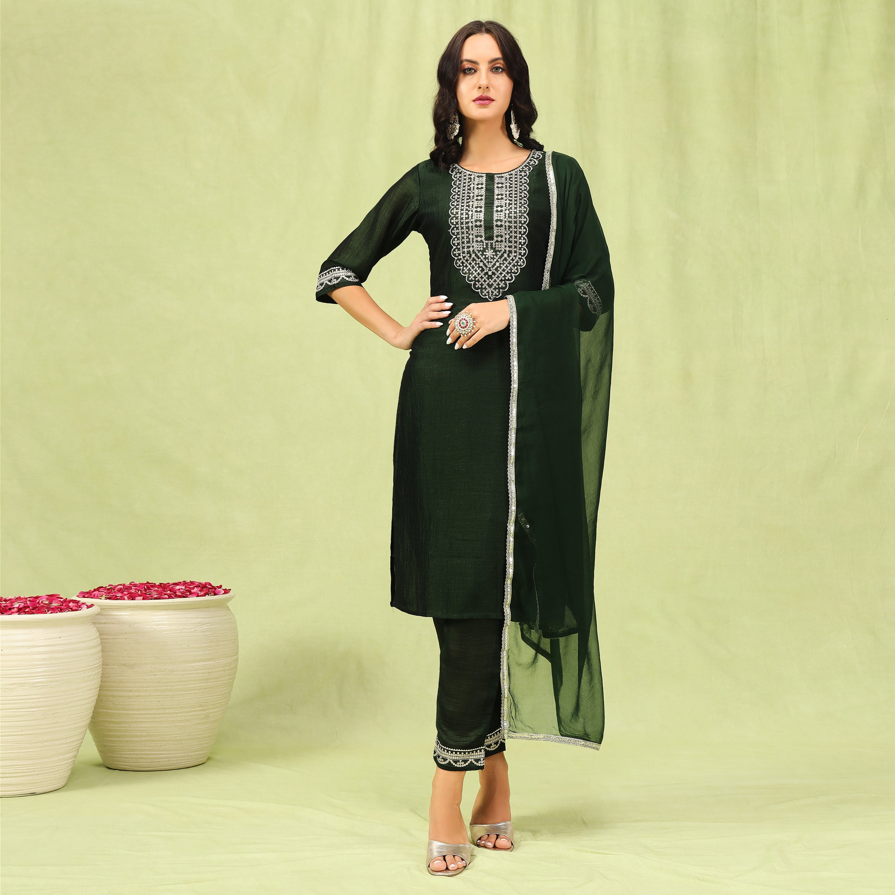 Embroidered Silk Straight Kurta With Trousers & Dupatta