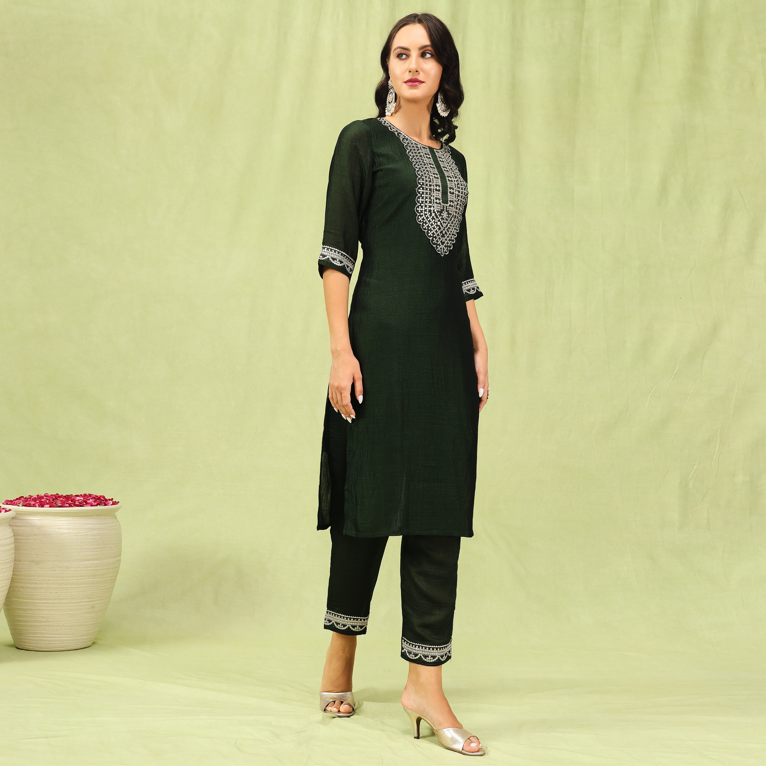 Embroidered Silk Straight Kurta With Trousers & Dupatta