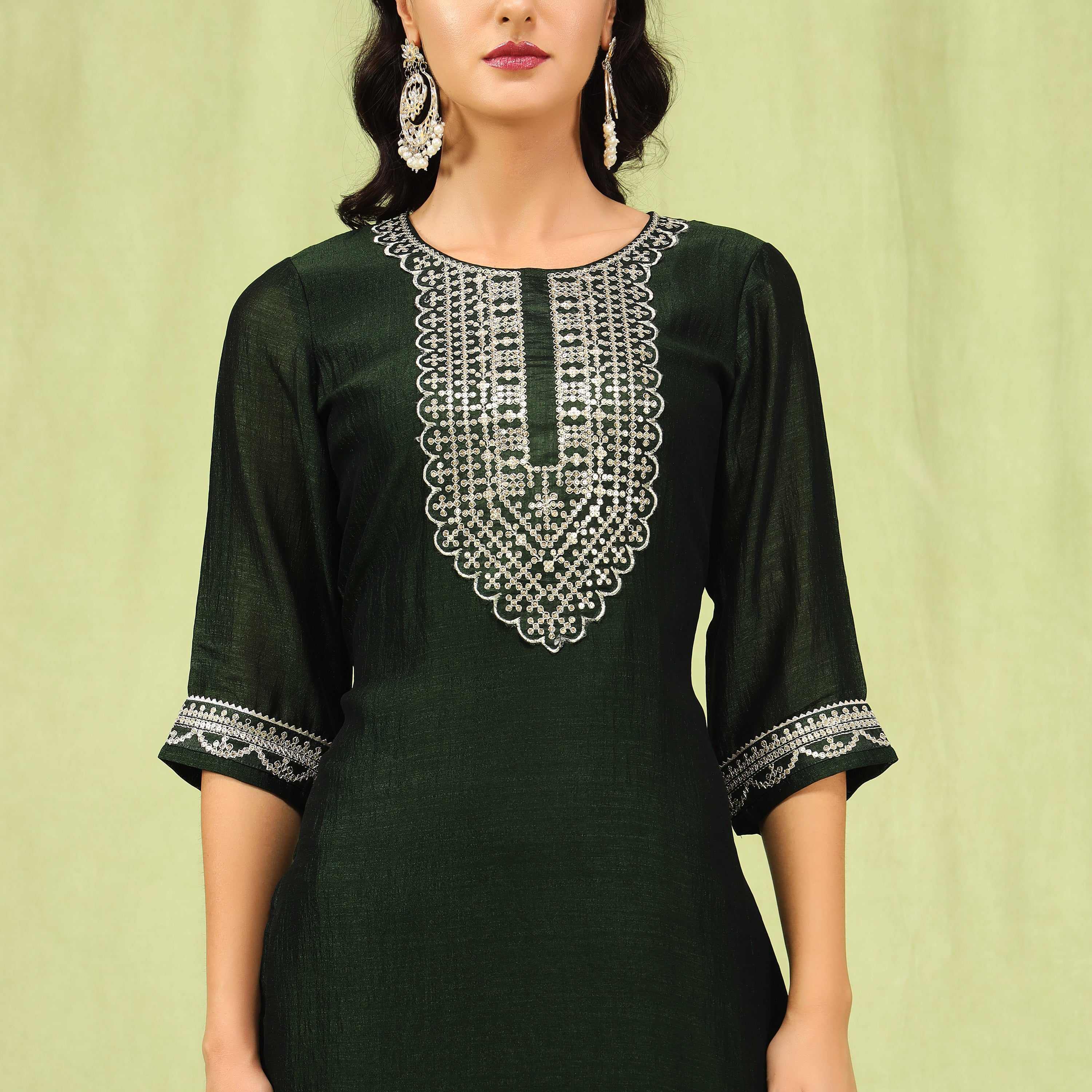 Embroidered Silk Straight Kurta With Trousers & Dupatta