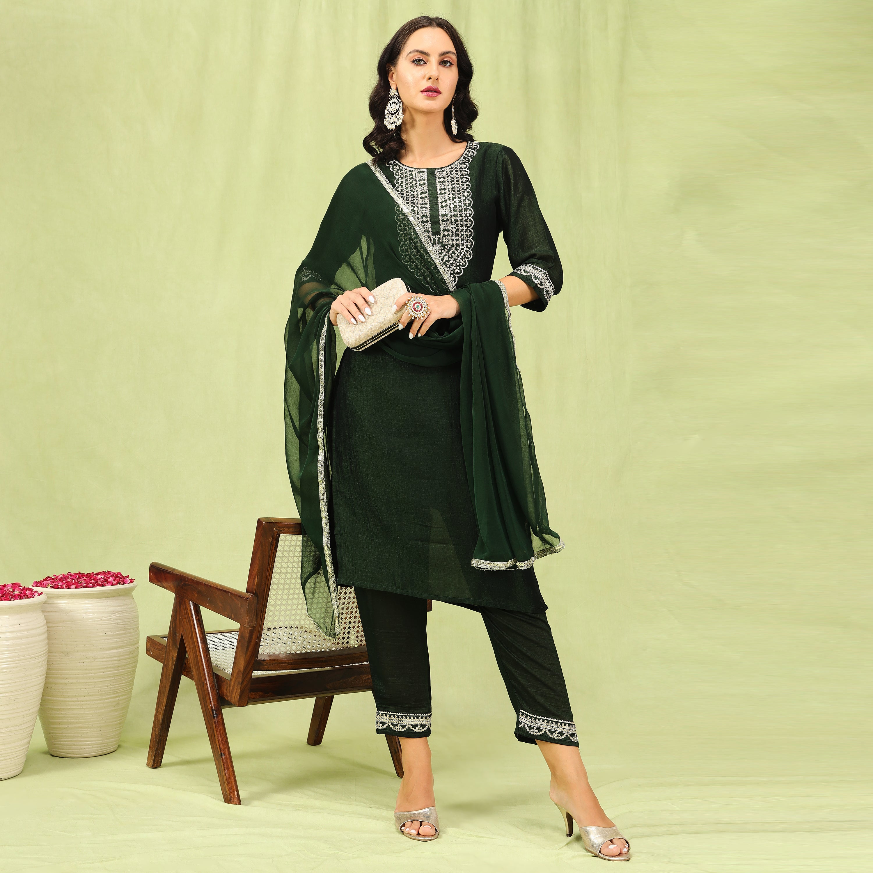Embroidered Silk Straight Kurta With Trousers & Dupatta