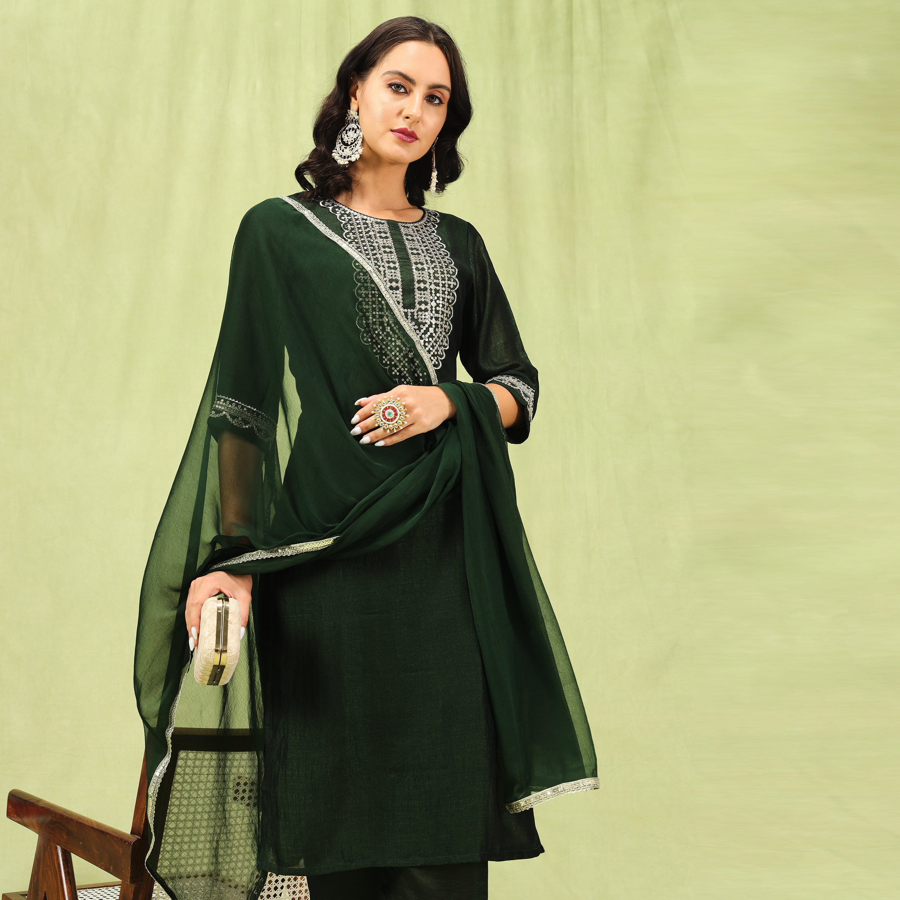 Embroidered Silk Straight Kurta With Trousers & Dupatta