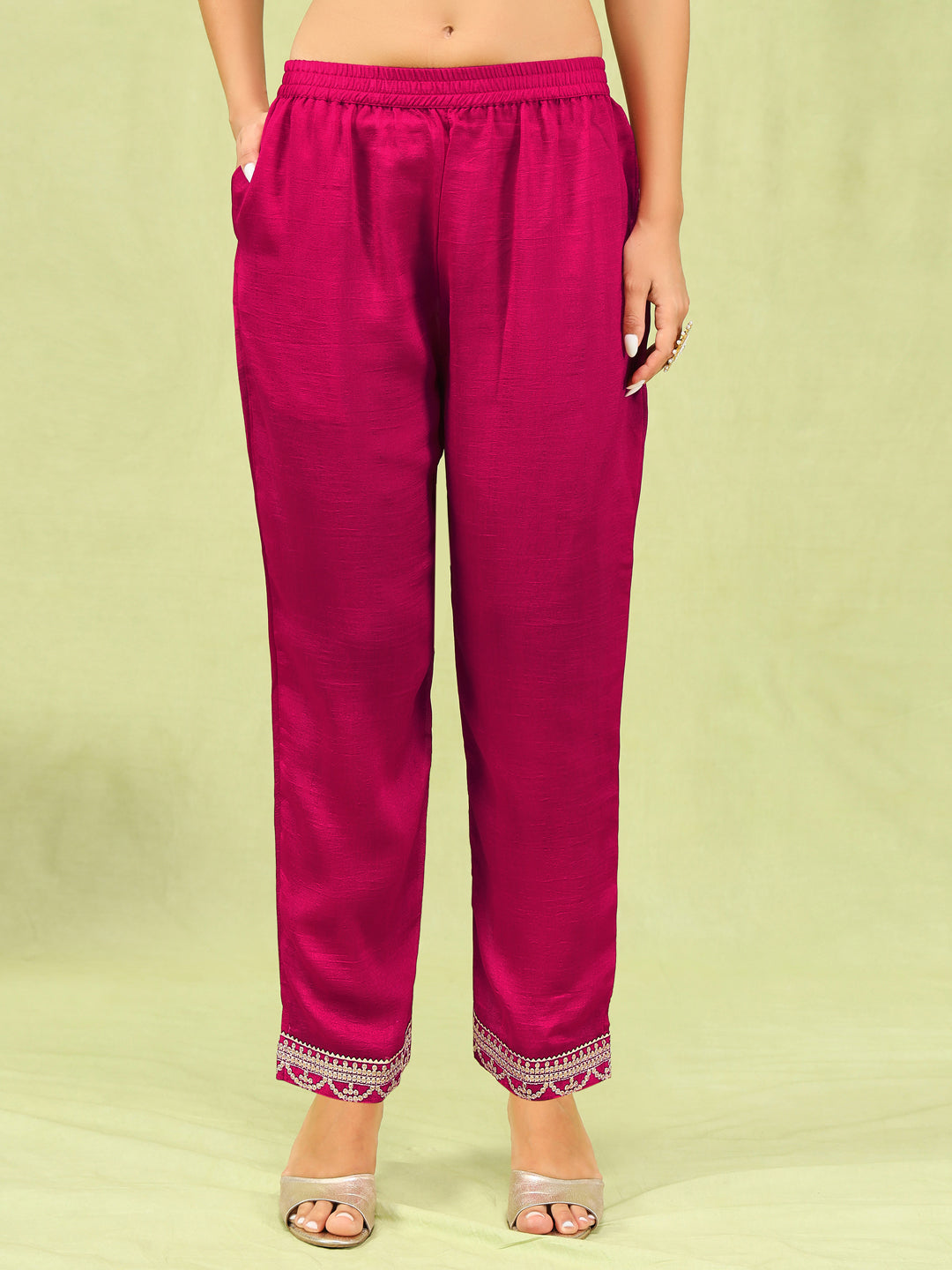 Embroidered Silk Straight Kurta With Trousers & Dupatta