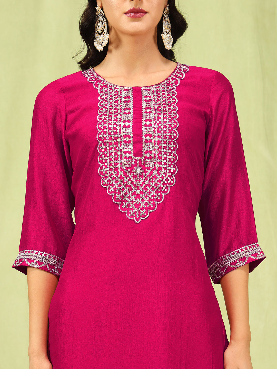 Embroidered Silk Straight Kurta With Trousers & Dupatta