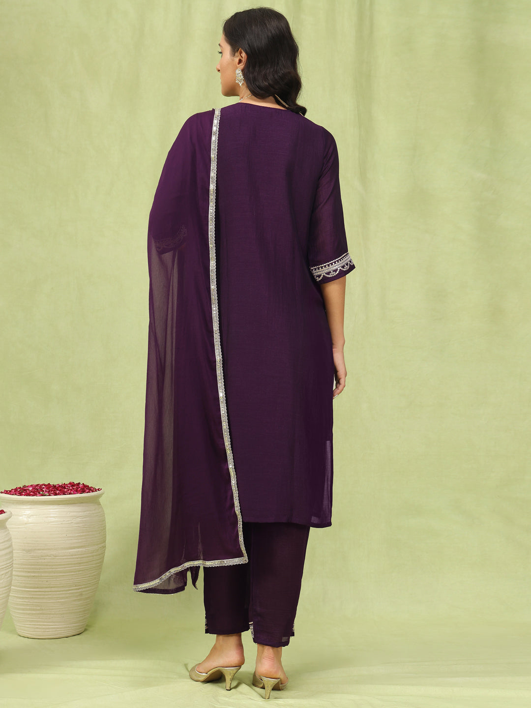 Embroidered Silk Straight Kurta With Trousers & Dupatta