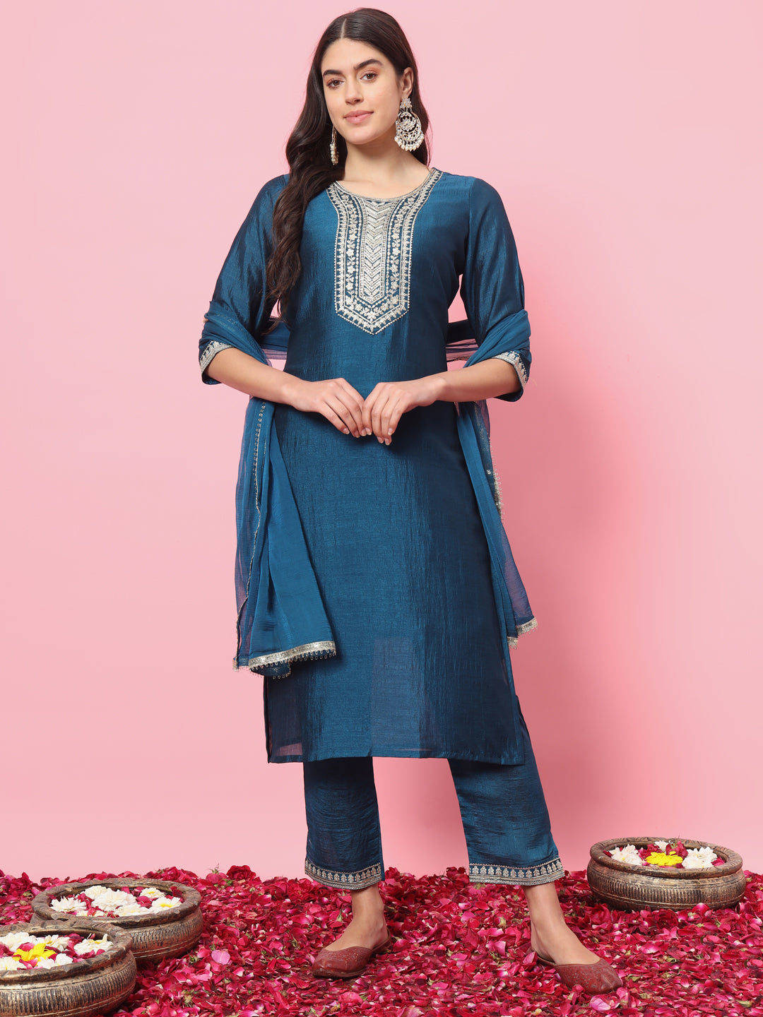 Teal Silk Embroidered Straight Kurta with Trouser & Dupatta