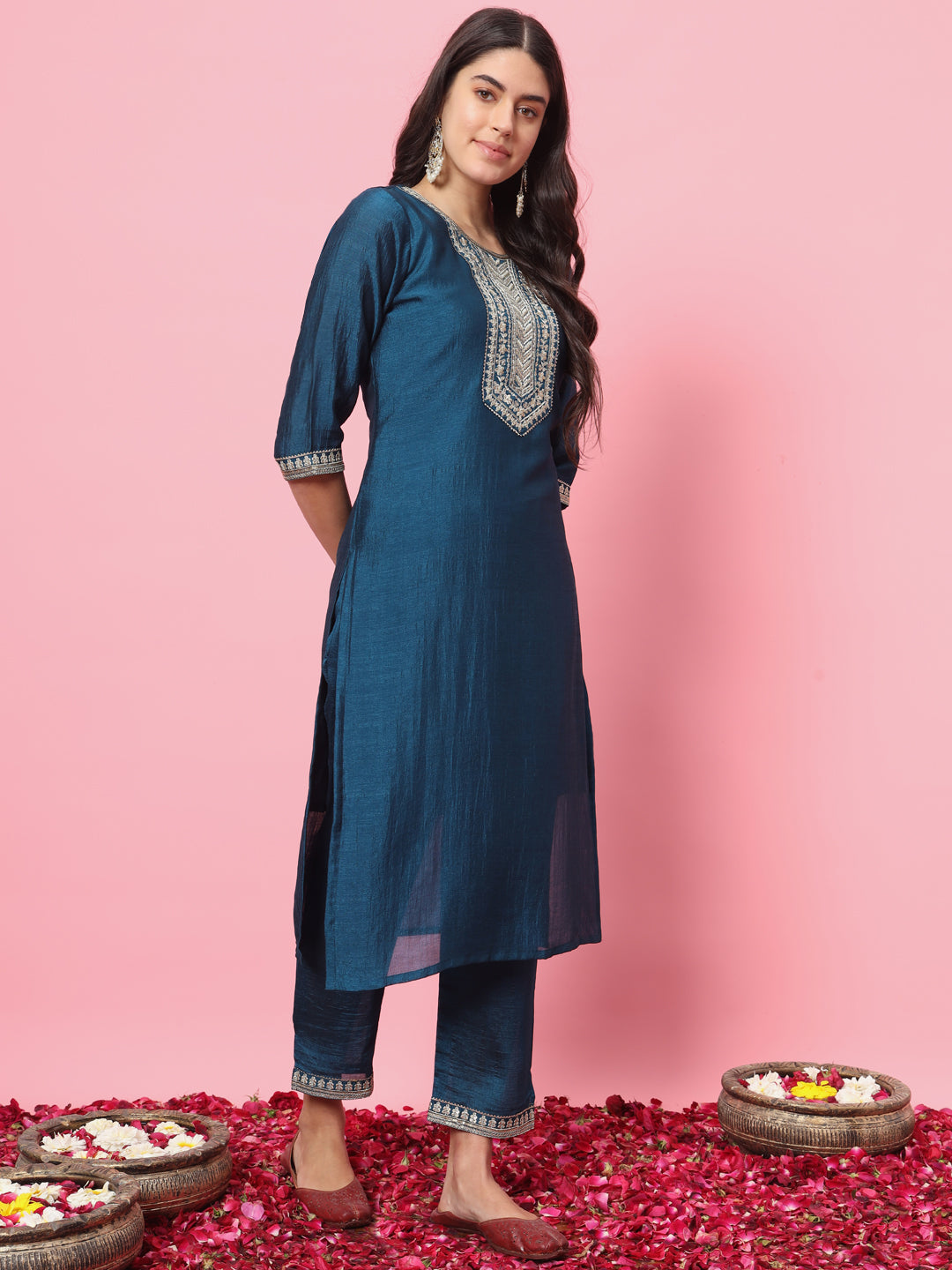 Teal Silk Embroidered Straight Kurta with Trouser & Dupatta
