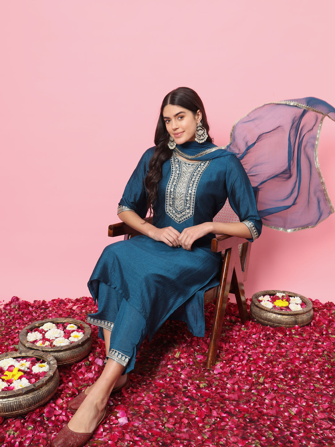 Teal Silk Embroidered Straight Kurta with Trouser & Dupatta