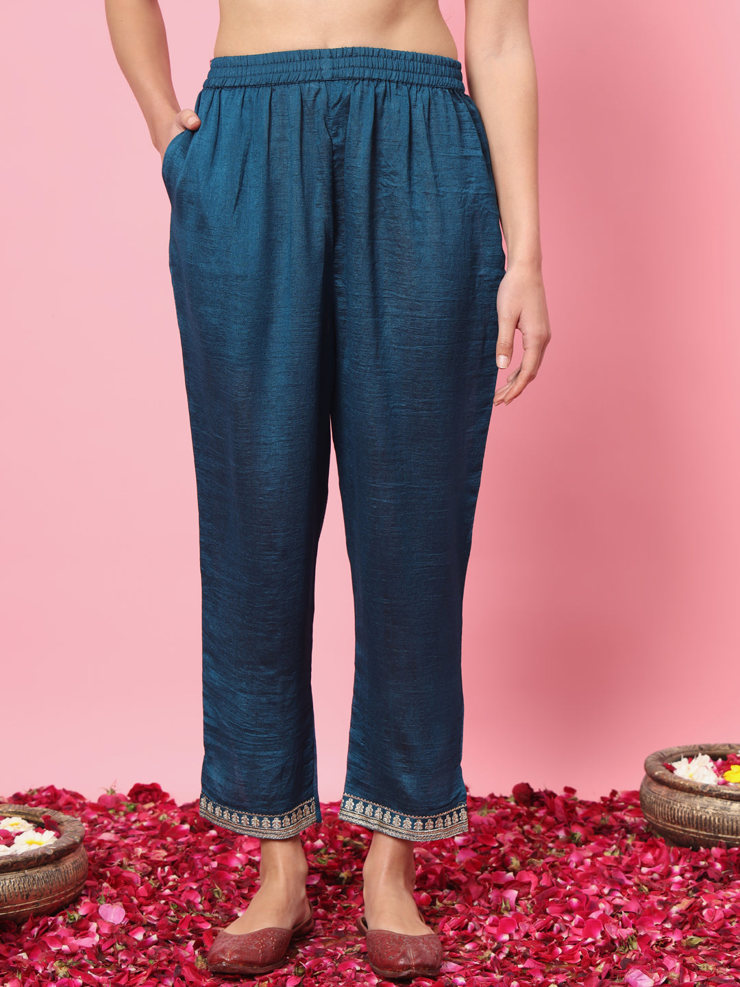 Teal Silk Embroidered Straight Kurta with Trouser & Dupatta